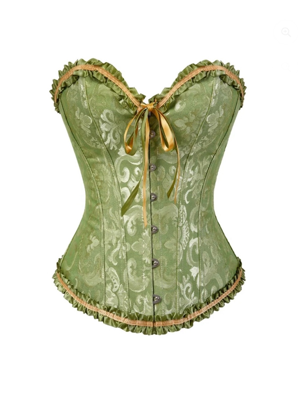 Green Brocade Satin Overbust Corset with Gold Trim